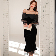 批发2025春秋新款韩版时尚气质简约中长丝绒纯色<b class='q'>一字领</b>吊带鱼尾<b class='q'>连衣裙</b>