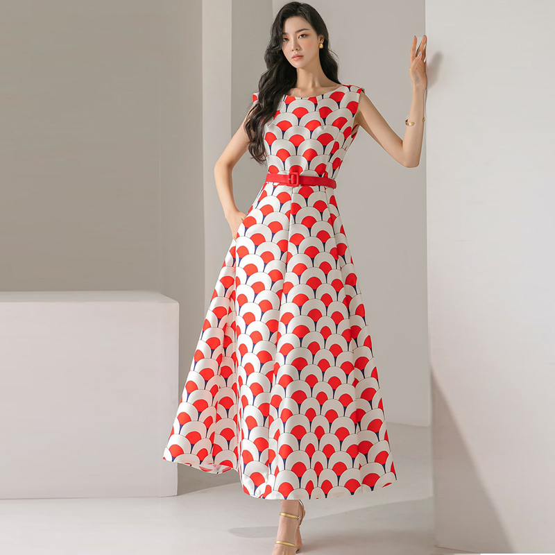 RY4126# 2026夏新款韩版时尚简约大气优雅显瘦印花大摆礼服连衣裙外贸