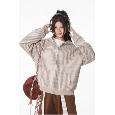 批发大码女装长袖<b class='q'>t</b><b class='q'>恤</b>卫衣美式条纹拉链开衫<b class='q'>外套</b>秋季宽松连帽上衣