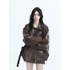 批发美式<b class='q'>街头</b>复古机车服黑色皮衣外套女春秋重磅宽松夹克上衣