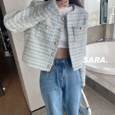 批发蓝色小香风外套女2025春<b class='q'>秋</b>法式名媛气质感珍珠扣粗花呢短上衣外套