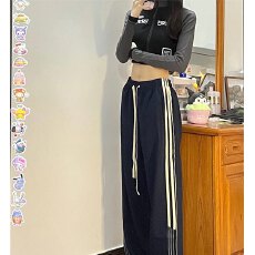END EDEN高街运动休闲裤春秋夏撞色高腰直筒长裤宽松显瘦阔腿裤子