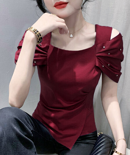 2026# 유럽 상품 여름 새로운 못 훈련 Pleat 소매 오프숄더 높은 품질 여성 패션 티셔츠 작은 셔츠