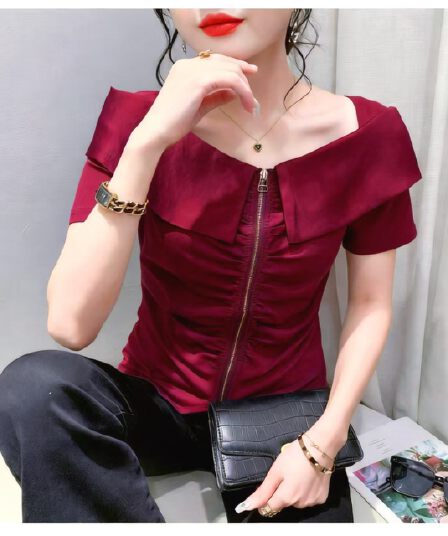 높은 품질 나비 오프숄더 허리 수축 슬림해 보이는 지퍼 디자인 2026 새로운 패션 여성용 짧은 소매 티셔츠 트렌디