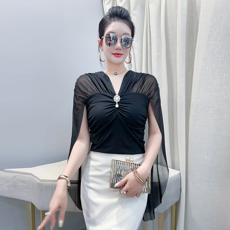 작은 대중 디자인 망토 리본 플래시 훈련 브로치 V넥 작은 셔츠 여성 여름 새로운 다용도 슬림해 보이는 얇고 가벼운 맨위