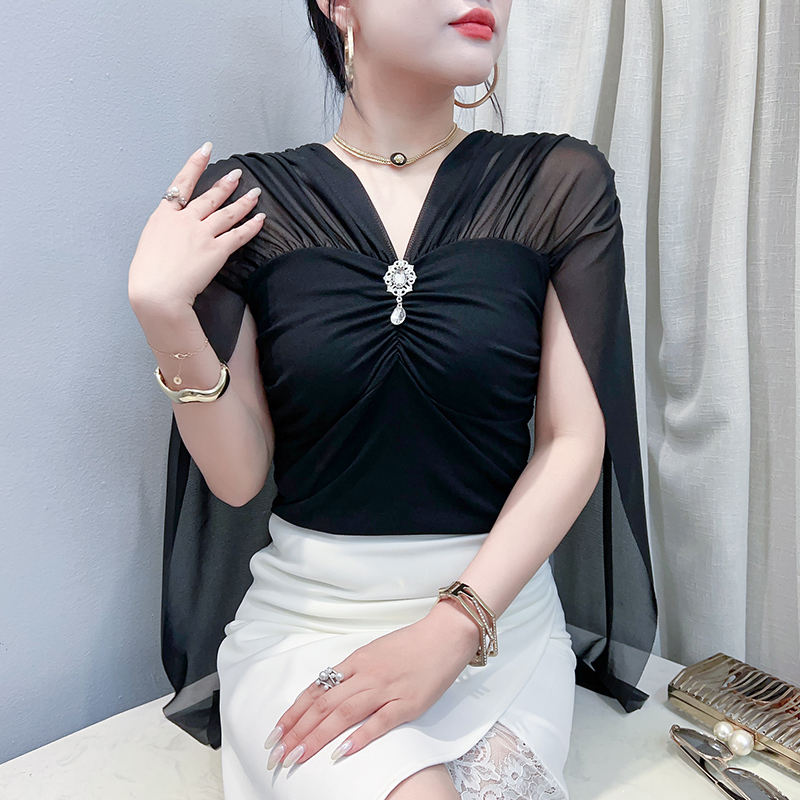 작은 대중 디자인 망토 리본 플래시 훈련 브로치 V넥 작은 셔츠 여성 여름 새로운 다용도 슬림해 보이는 얇고 가벼운 맨위