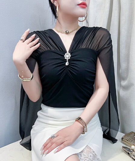 작은 대중 디자인 망토 리본 플래시 훈련 브로치 V넥 작은 셔츠 여성 여름 새로운 다용도 슬림해 보이는 얇고 가벼운 맨위