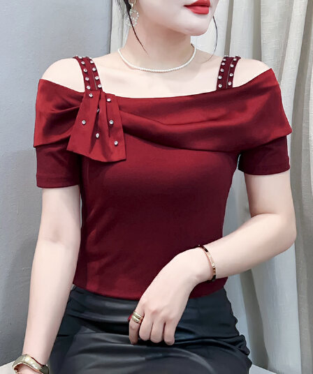 여름 새로운 프랑스식 패션 패치워크 오프숄더 작은 대중 디자인 연령 감소 슬림해 보이는 다용도 반팔 티셔츠 맨위 여성