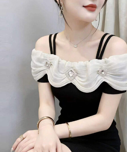 유럽 상품 프랑스식 고급 센스 배색 물결무늬 칼라 맨위 여성 여름 새로운 빛 요리 한 작은 대중 다용도 품격 티셔츠