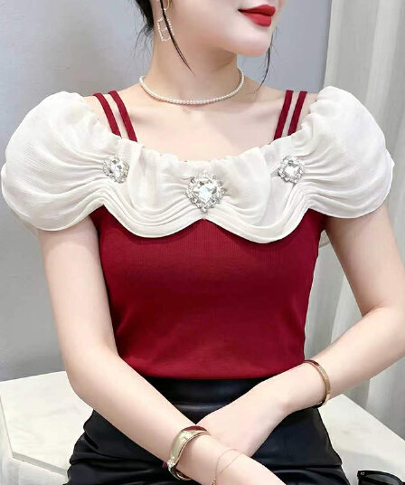 유럽 상품 프랑스식 고급 센스 배색 물결무늬 칼라 맨위 여성 여름 새로운 빛 요리 한 작은 대중 다용도 품격 티셔츠