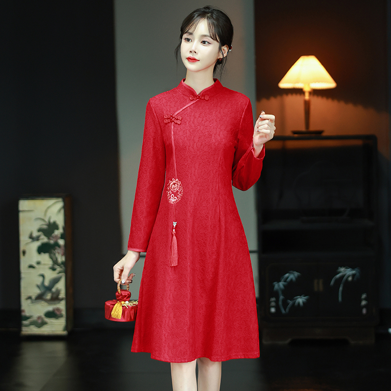 MY16137#新款国风红色大码旗袍新娘敬酒服回门复古高级感连衣裙长袖女裝...