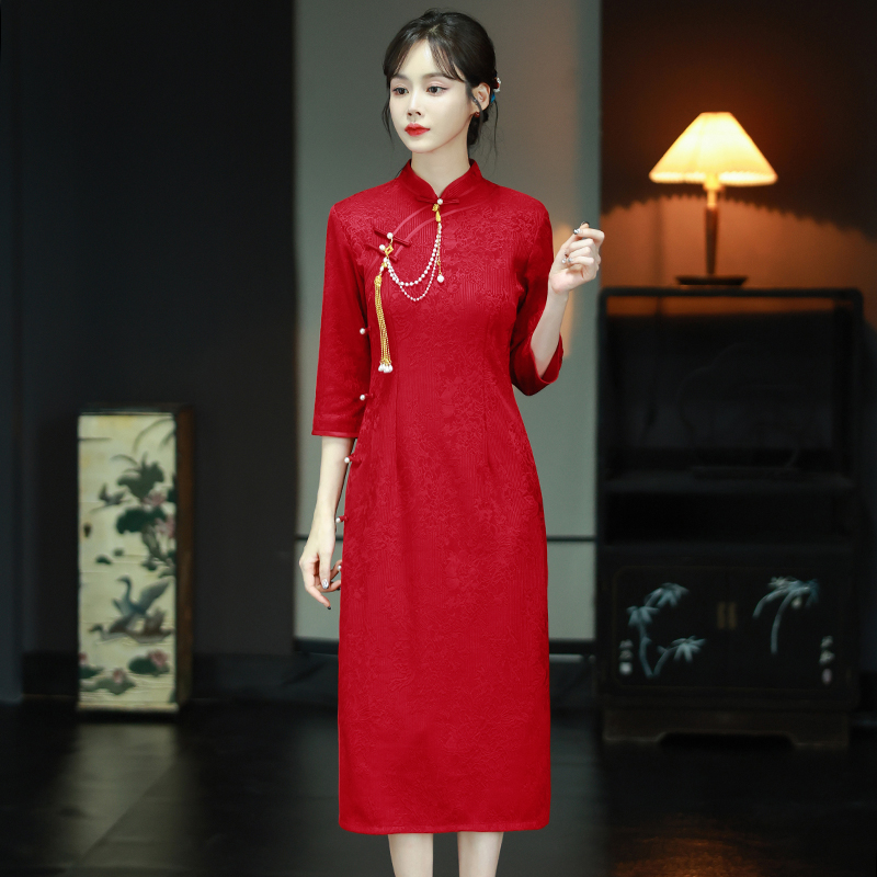 MY16136#新款红色旗袍改良敬酒服新娘订婚礼服新中式结婚长袖回门便装女...