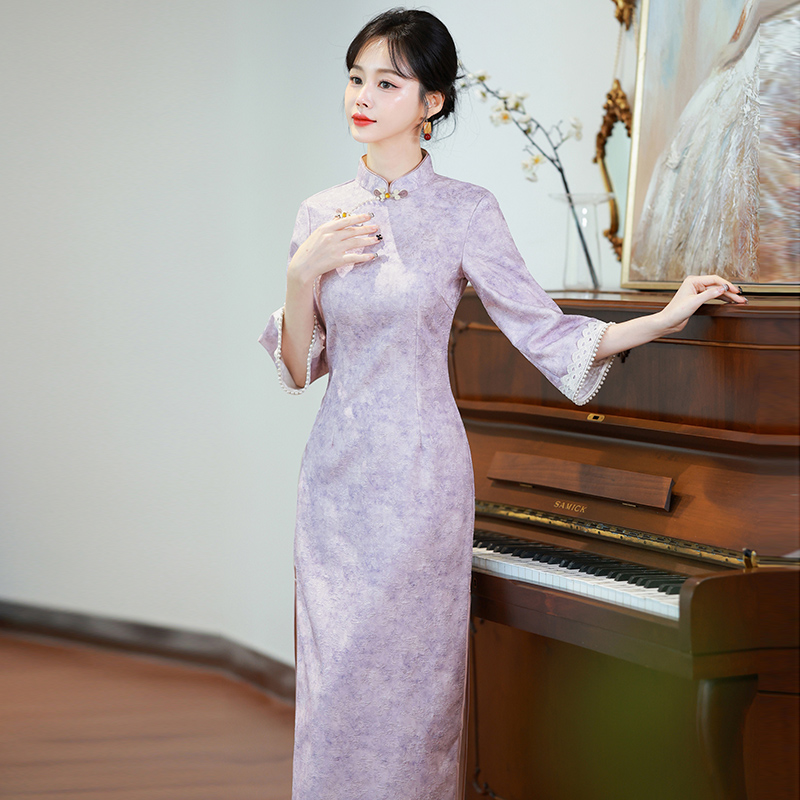 MY16135#新款紫色旗袍温柔气质长袖连衣裙新中式复古日常百搭大码女裝貨...