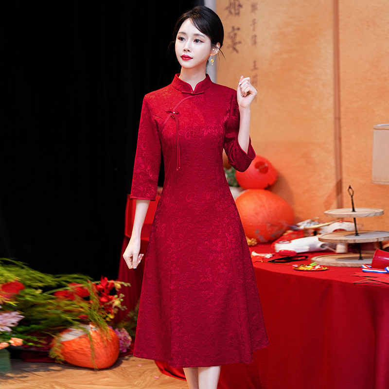 RY202# 实拍2026春新款红色改良旗袍订婚宴会礼服七分袖连衣裙修身显...