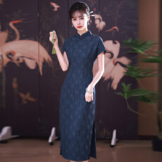 批发实拍蓝色旗袍新中式改良年轻款绝美大码日常气质高级感显白连衣裙