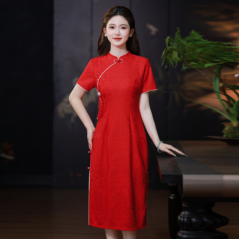 RY2635# 实拍红色旗袍外嫁女回娘家高考送考日常改良年轻新中式大码连衣...