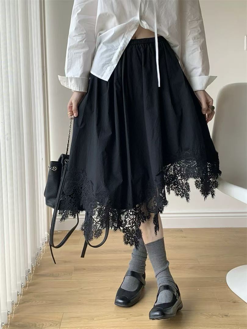 센 부서 면직물 치마 여름 새로운 유럽 만약 바람 밴딩 하이웨이스트 불규칙 디자인 레이스 레이스 한 마디 반신