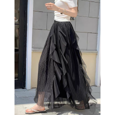 网纱半身裙不规则荷叶边纱裙春夏季新品不易皱中长裙百搭半裙