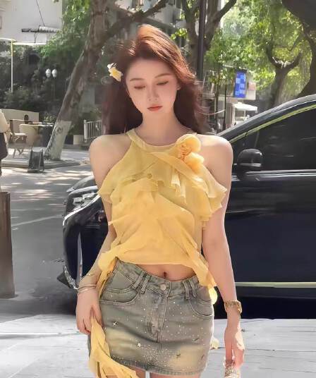 tuuuh 그림 그림책 따뜻한 양 층 실 거위 옐로우 프릴 행침 목 조끼 여성 여름 루즈핏 민소매 작은 셔츠