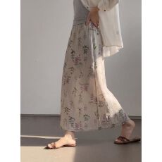 批发文艺风亚麻松紧腰直筒<b class='q'>半身裙</b>女韩版设计感小众高腰显瘦开叉长裙