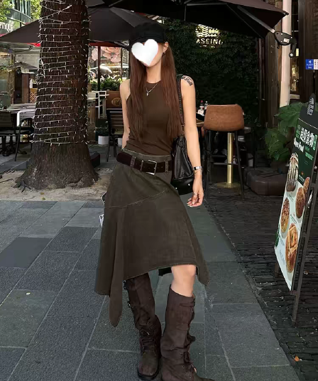 경기 벨트 불규칙 데님 반신 스커트 여성 여름 중간 길이 레트로 디자인 센스 작은 대중 검정색 하이웨이스트 A라인 스커트