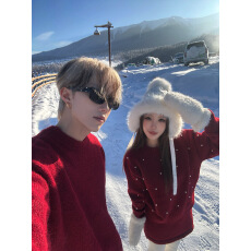 批发实拍<b class='q'>情侣</b><b class='q'>装过</b>年红毛衣女套装裙子男上衣针织衫