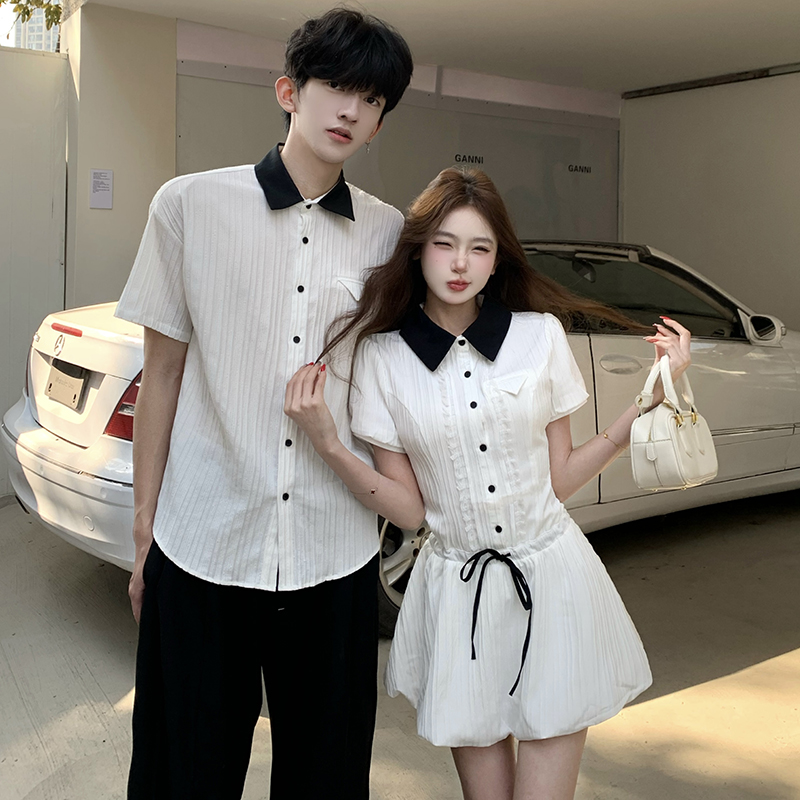 실사 커플룩 화이트 셔츠 드레스 작은 키 학원 스타일 세트 짧은 치마 301