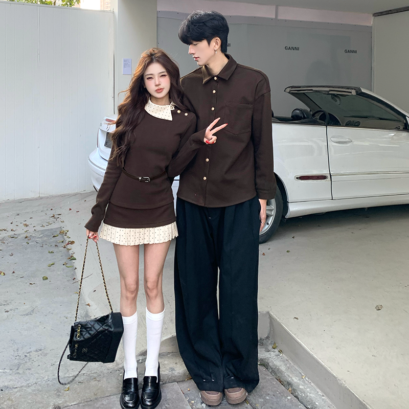 실사 커플룩 프랑스식 레트로 슬림해 보이는 투피스 세트 ins 항구 바람 캐주얼 품격 섹션 302#