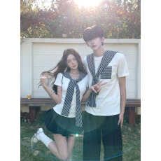 批发.实拍情侣装白色短袖T恤V领修身显瘦短款海军领套装<b class='q'>蓬蓬</b>裙308#