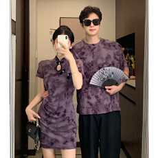 批发实拍情侣装新中式复古印花改良版旗袍<b class='q'>连衣裙</b>优质版