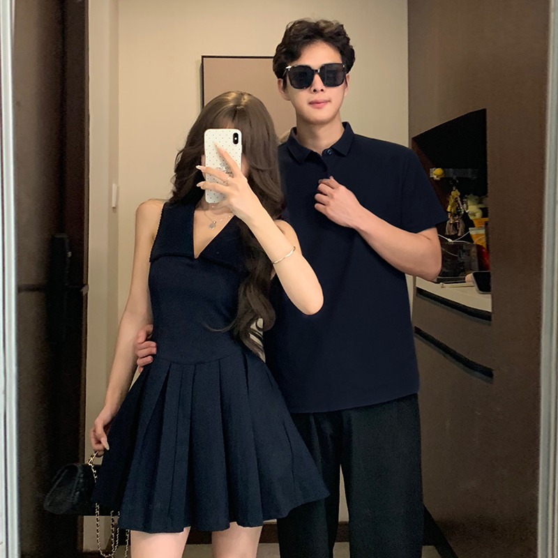 실사 커플 학원 폴로 칼라 플리츠 스커트 드레스 A라인 스커트 슬림해 보이는 품격 섹션 남자 티셔츠