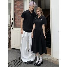 批发实拍情侣装法式Polo领<b class='q'>连衣裙</b>黑色爱心刺绣一裙一衣长裙