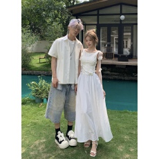 批发实拍情侣装海边度假白色连衣裙新款吊带法式A字显瘦气质无袖裙子