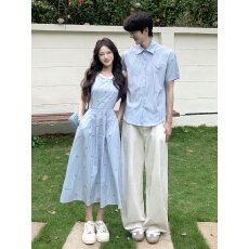 批发实拍情侣装度假风韩系蓝色<b class='q'>条纹</b>刺绣蝴蝶结无袖夏季收腰背心<b class='q'>连衣裙</b>