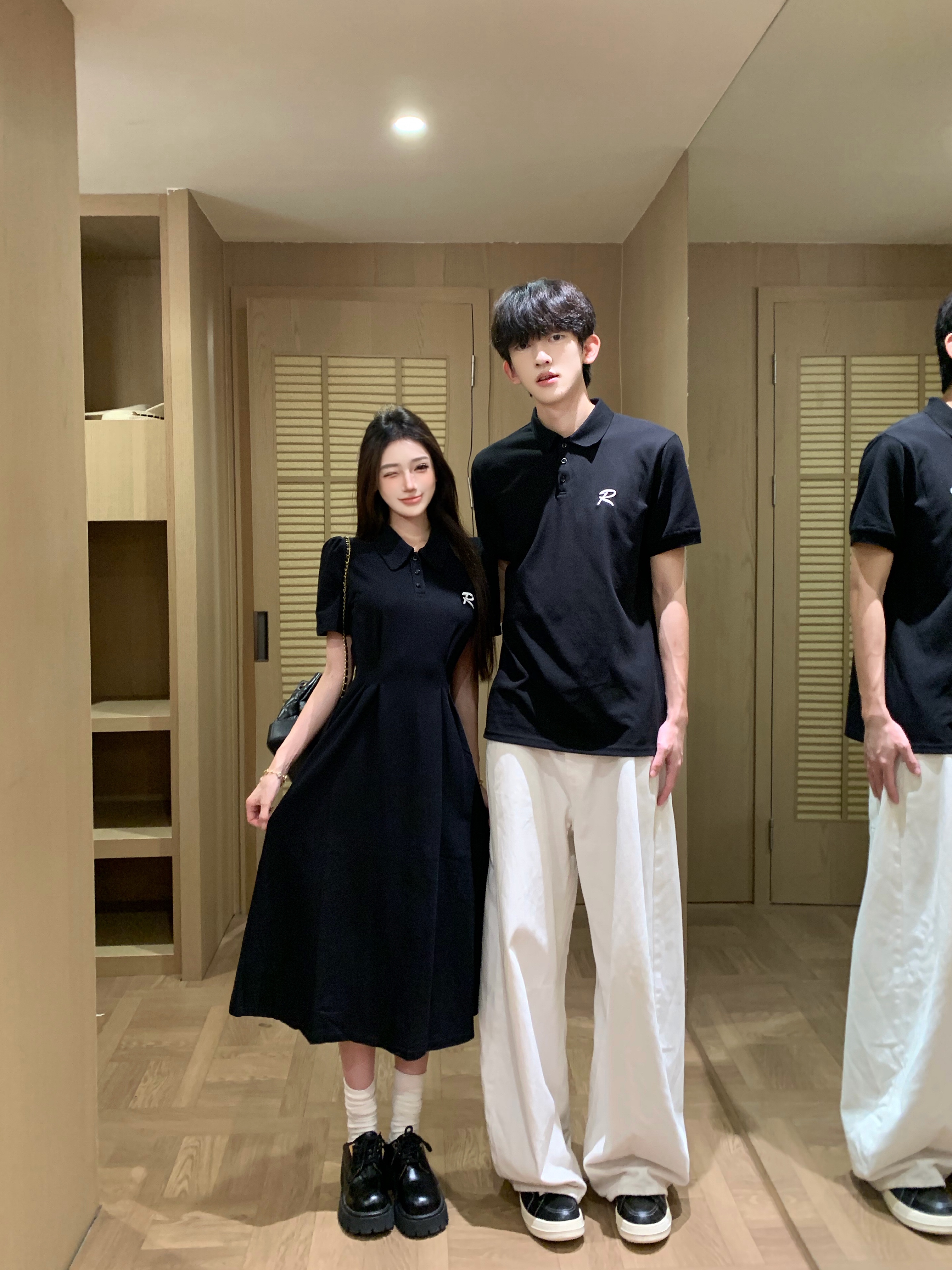 실사 커플룩 여름 POLO 칼라 프랑스식 드레스 하나 치마 하나 의류 빛 요리 한 고급 센스 반팔 티셔츠