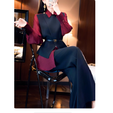 批发秋季个性轻熟风高级时装套装女设计感撞色假两件上衣阔腿裤两件套