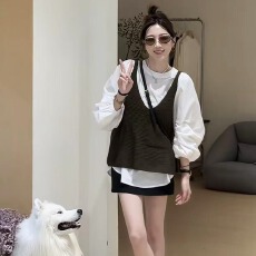 批发2025早秋新款带背心泡泡袖时尚两件套女宽松显瘦百搭羊毛上衣潮