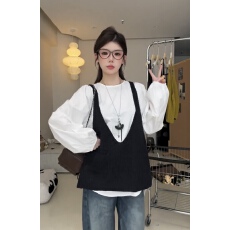 批发早秋款设计感泡泡袖衬衣叠穿v领针织马甲两件套甲两件套