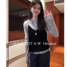 批发法式气质波点长袖T恤+丝绒吊带<b class='q'>两件套</b>女2025秋新宽松显瘦百搭上衣