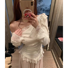 批发<b class='q'>不规则</b>假两件荡领长袖t恤女2025秋季新款修身显瘦蕾丝拼接上衣女