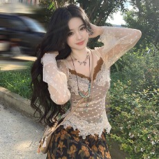 批发Blovelan蚀夜绽金 设计感蕾丝假两件长袖上衣+碎花<b class='q'>半身裙</b>早秋套装