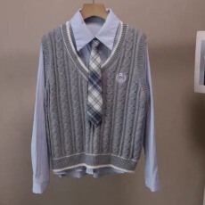 批发2025秋冬季新款韩版学院两件套长袖衬衫针织刺绣马甲