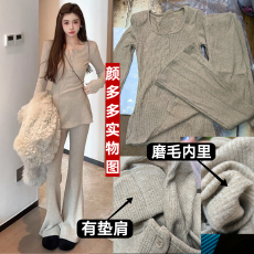 2025加绒冬季新韩版款时尚显瘦磨毛长袖T恤+休闲百搭长裤套装女