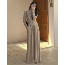 批发新款韩版时尚性感半高领镂空<b class='q'>加厚</b>打底衫+松紧腰休闲长裤套装