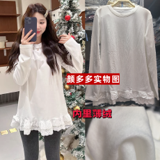 批发加厚磨毛Berry韩版白色大版型花边圆领T恤<b class='q'>宽松</b>内搭中长上衣