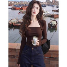 批发美式辣妹咖色方领长袖t恤<b class='q'>女</b>秋冬季设计感修身内搭<b class='q'>打底衫</b>短款上衣