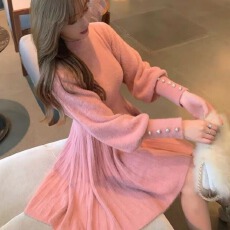 批发韩国甜美风仿貂针织毛衣裙子女秋冬小个子洋气内搭外穿打底连衣裙