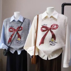 批发时尚<b class='q'>蝴蝶结</b>亮片刺绣针织马甲搭长袖<b class='q'>衬衫</b>女新款百搭叠穿上衣