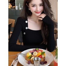 批发春装新款黑色修身打底衫女内搭高级感显瘦正肩长袖<b class='q'>t</b><b class='q'>恤</b>上衣