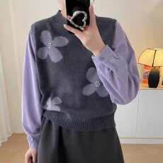 批发欧洲站2025冬季新款圆领套头复古花朵拼色衬衫<b class='q'>长袖</b>假两件马甲毛衣